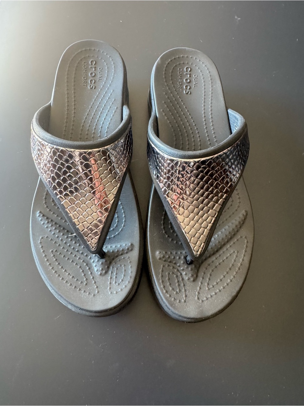 CROCS Black Metallic Snake-Print Wedge Sandals